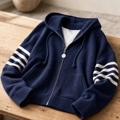 Mila | Moderner Strickhoodie Mit Reißverschluss Und Streifenärmeln