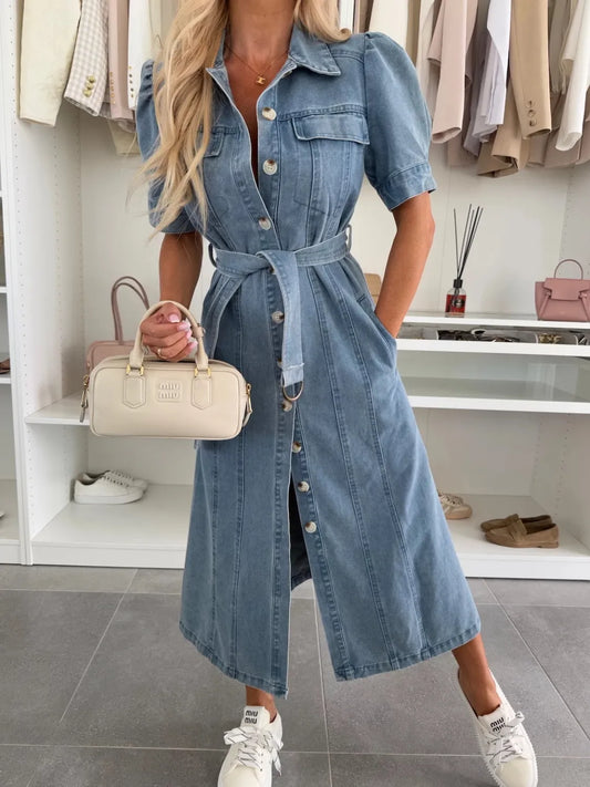 Xalviere | Maxi Denim Jurk met Pofmouwen Knopen