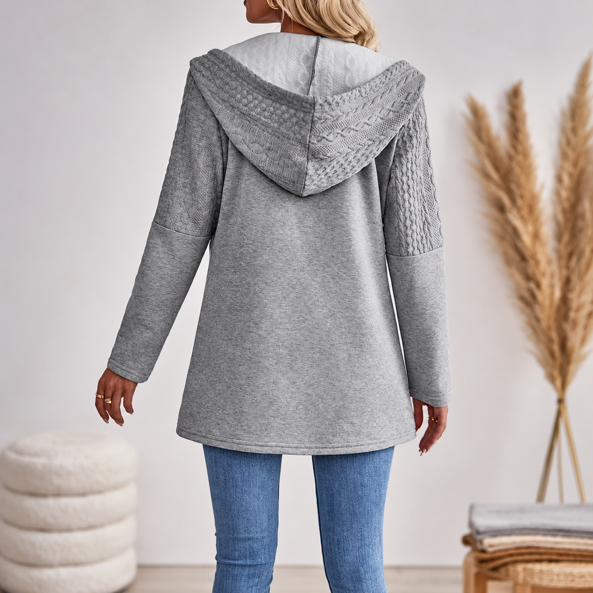 Elena | Langer Strickhoodie Mit Zopfmuster Und Reißverschluss