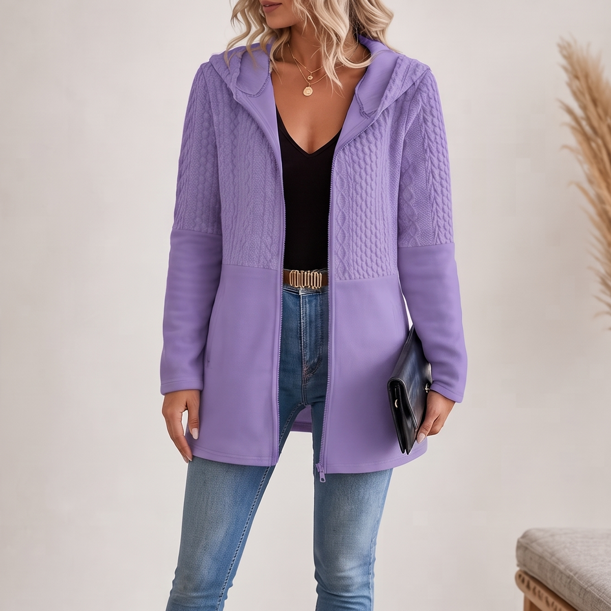 Elena | Langer Strickhoodie Mit Zopfmuster Und Reißverschluss