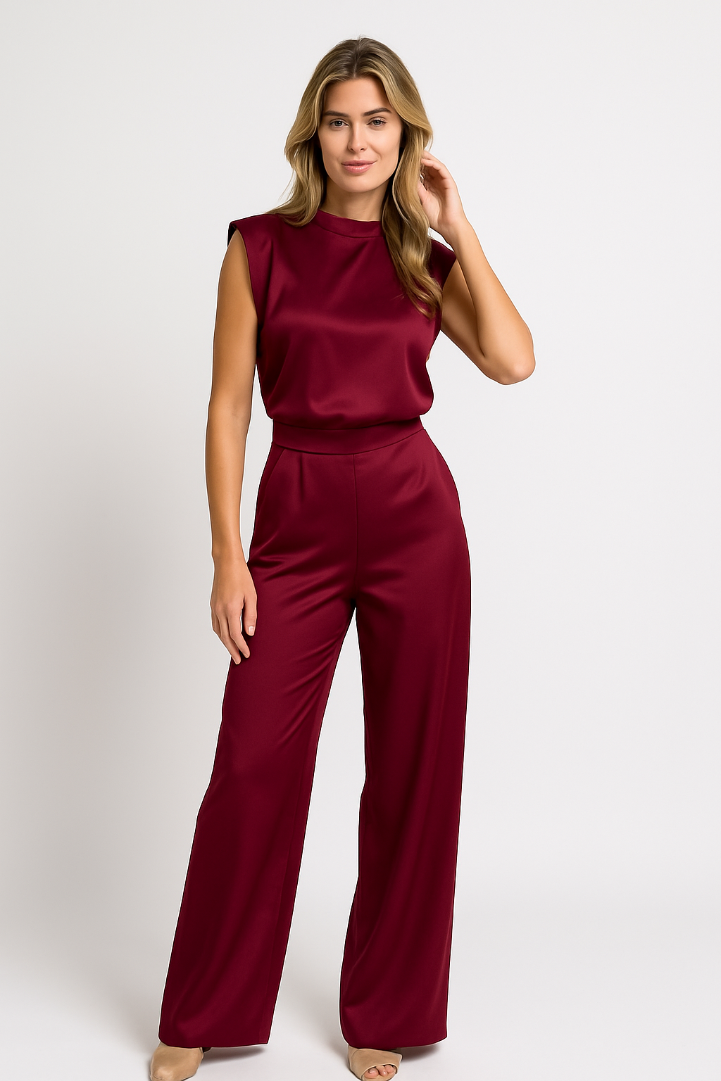 Catharina | Dames Jumpsuit – Luxe Satijnlook, Mouwloos, Wijde Pijpen, Open Rug