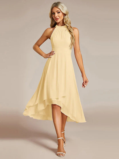 Halter Neck Chiffon A-Line Midi Wedding Guest Dress