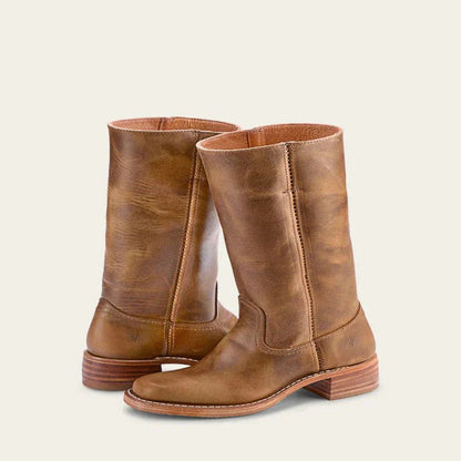 Timeless women's leather boots with block heels & classic design