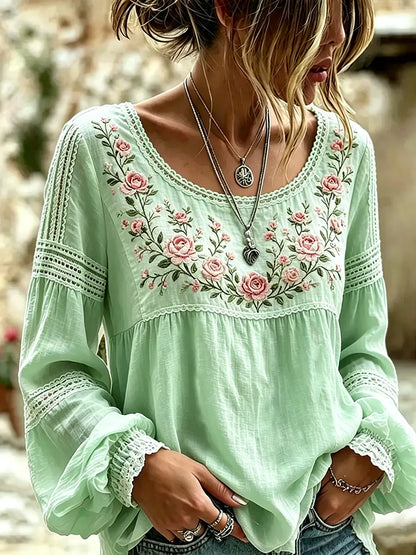 Women's Embroidered Linen Blouse Long Sleeve Casual Top