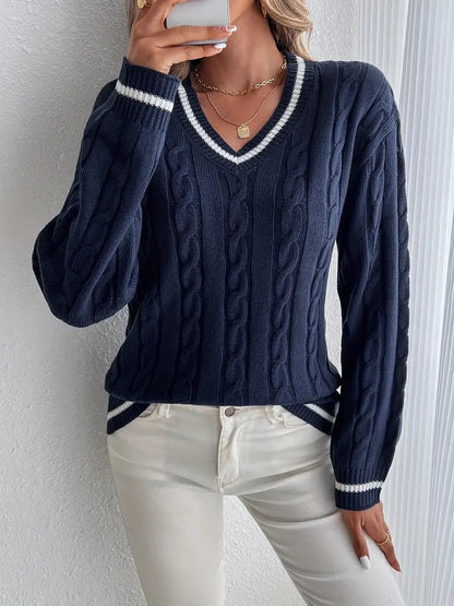 Pull femme cable raye col V - Doux et confortable
