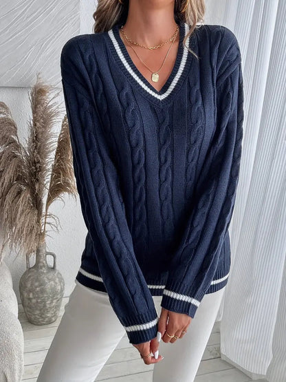 Pull femme cable raye col V - Doux et confortable