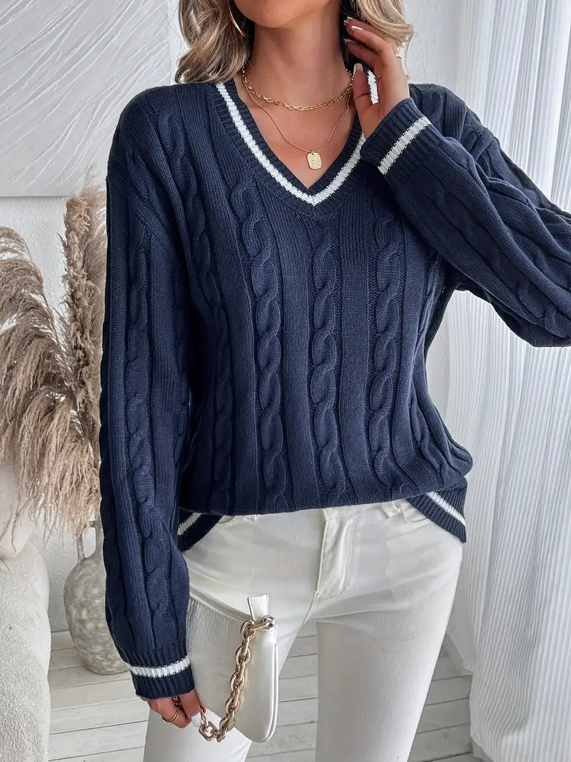Pull femme cable raye col V - Doux et confortable