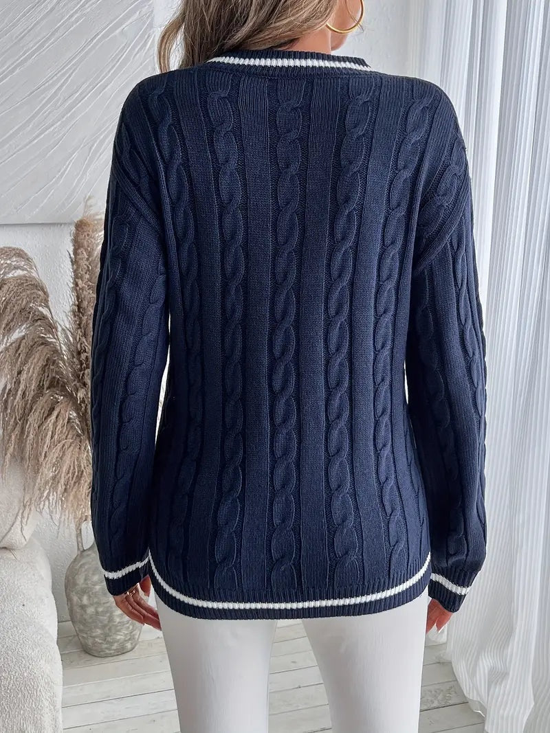 Pull femme cable raye col V - Doux et confortable