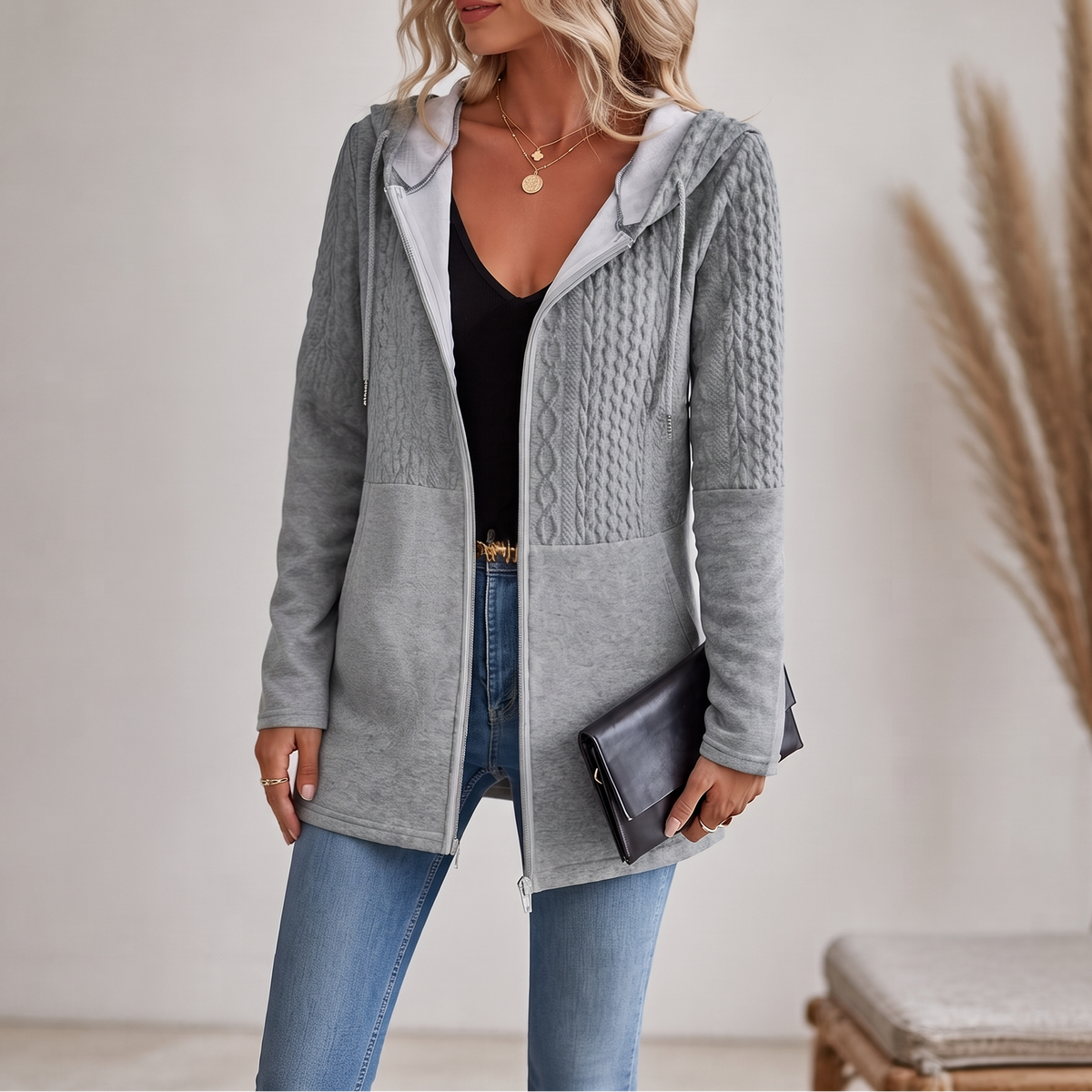 Elena | Langer Strickhoodie Mit Zopfmuster Und Reißverschluss