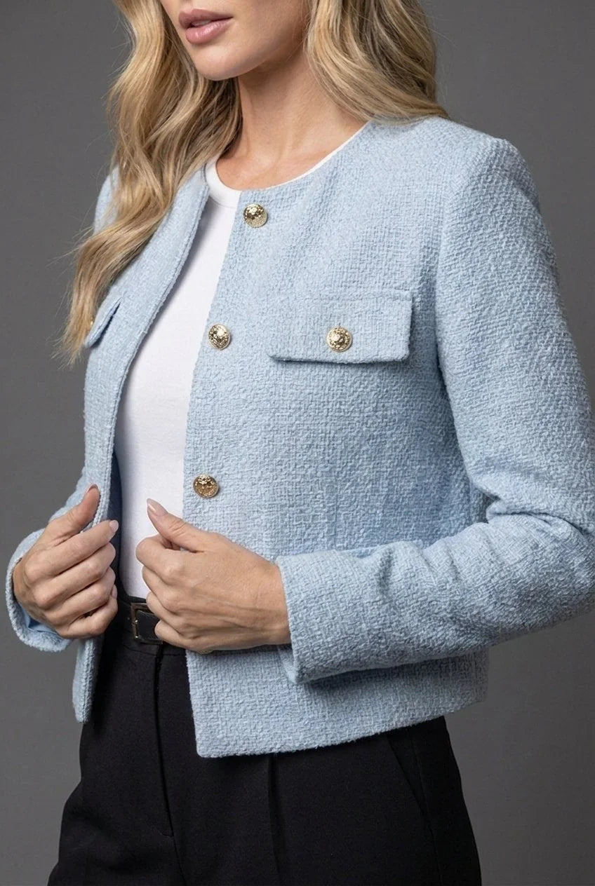 Cropped Dames Blazer met Tweedlook en Gouden Knopen