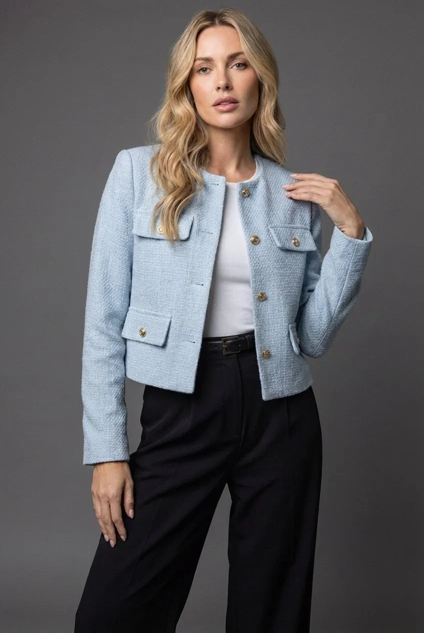 Cropped Dames Blazer met Tweedlook en Gouden Knopen