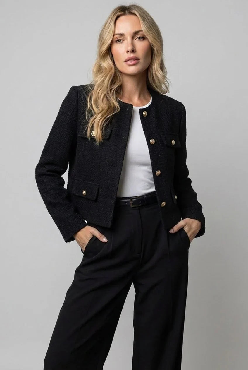 Cropped Dames Blazer met Tweedlook en Gouden Knopen
