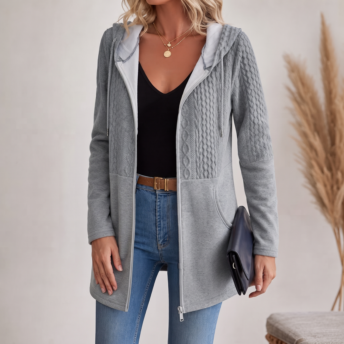 Elena | Langer Strickhoodie Mit Zopfmuster Und Reißverschluss