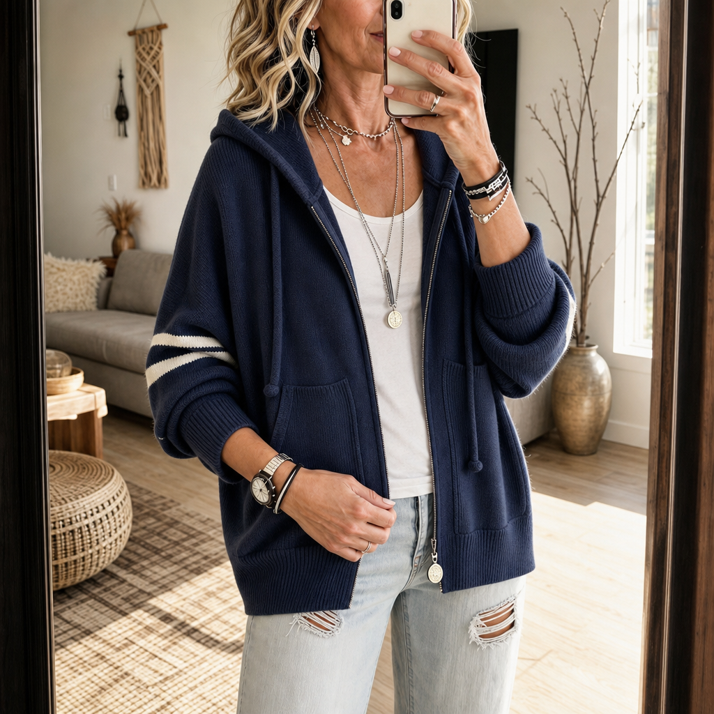 Mila | Moderner Strickhoodie Mit Reißverschluss Und Streifenärmeln