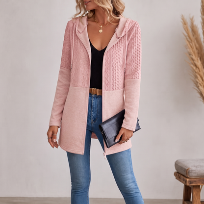 Elena | Langer Strickhoodie Mit Zopfmuster Und Reißverschluss