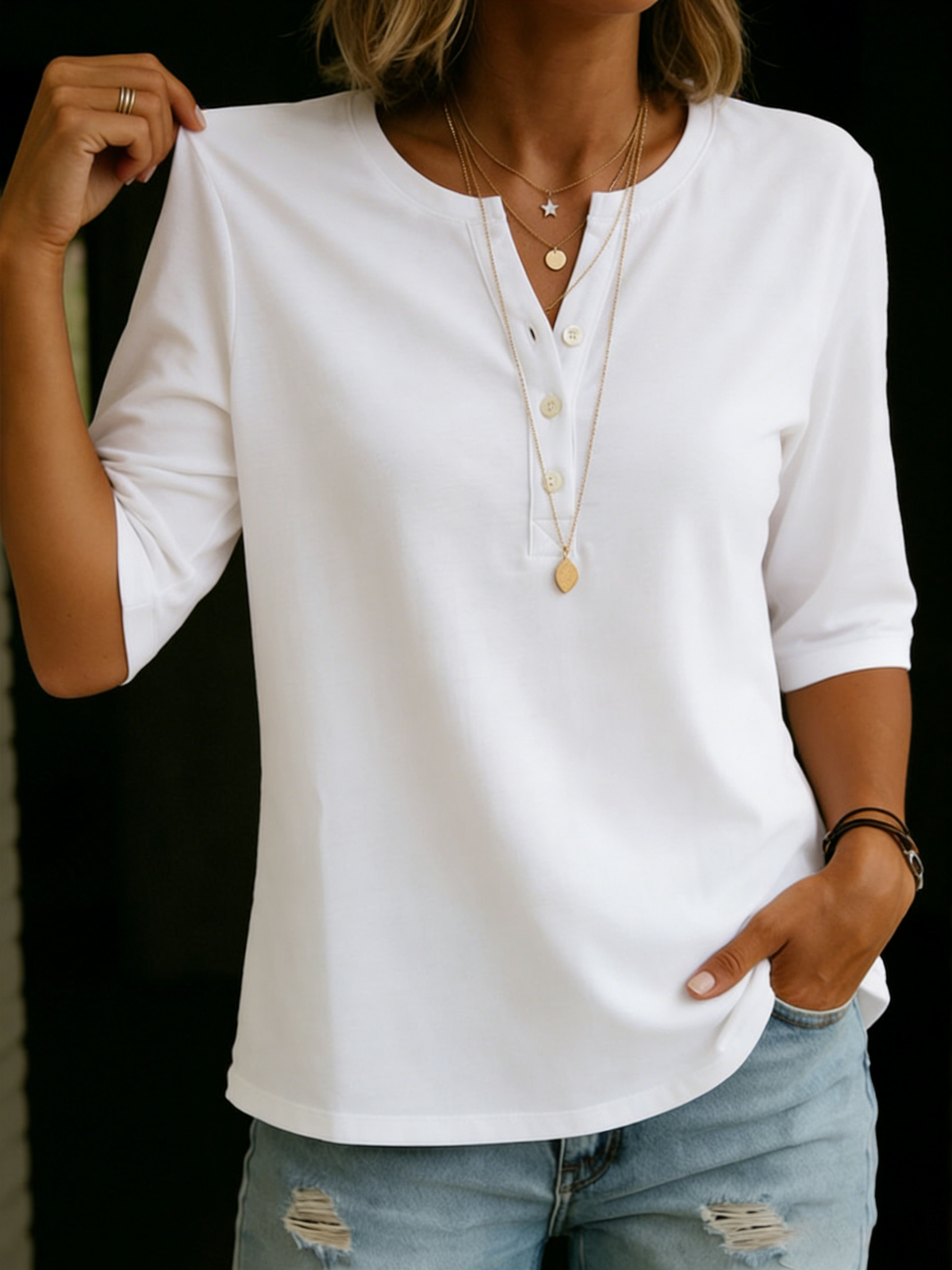 Iris - Classic Henley Collar 100% Cotton T-shirt