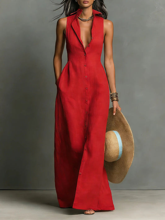 Penelope | Women's Sleeveless Collared Linen Button-Front Maxi Dress